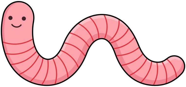 A cute pink earthworm with a friendly smiling face and segments crawls along in a curvy motion captured in a simple flat artistic style that emphasizes bright colors and a cheerful character