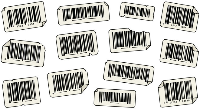 A set of various adhesive barcode stickers showing different black lines and numerical codes arranged in a scattered pattern to represent retail inventory management and modern consumer