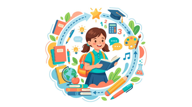 School Girl Reading Educational Vector Illustration