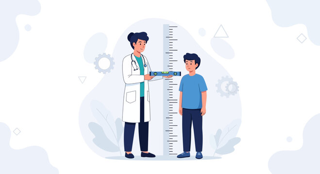 Doctor measuring child's height with stadiometer in a modern flat illustration style, healthcare concept