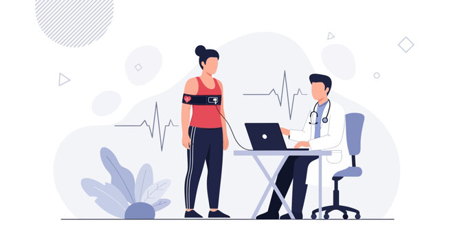 Doctor monitoring patient's heart rhythm with Holter monitor during medical examination, vector illustration