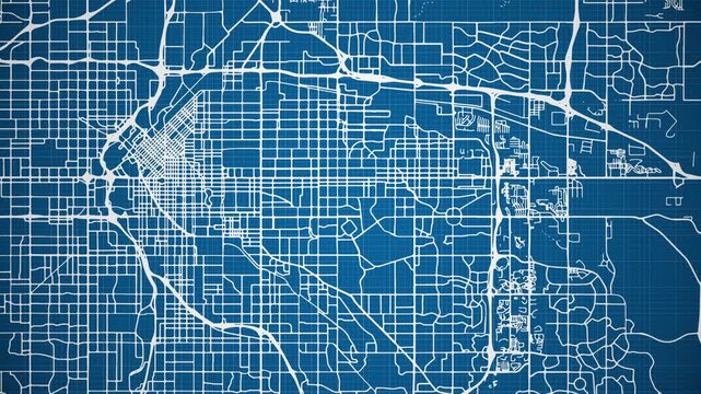 Ink reveal animation of Denver city, Colorado (CO), United States of America, grid map. Aerial top view. Blueprint style. White lines with blue background. 4K Seamless loop.