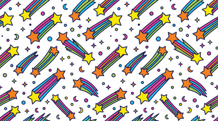 Colorful Shooting Star Seamless Pattern Cute Rainbow Comet and Space Elements Vector Background for Kids Design © Mstferdoshi