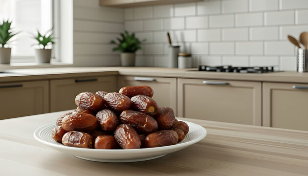 Dates fruit in a white plate on a Scandinavian style kitchen table