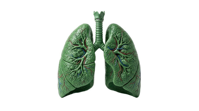 A detailed green lung model with trachea and bronchi on a white background.