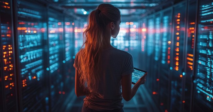 A capable woman holding a tablet in the control room is observing a data center with numerous blue light servers
