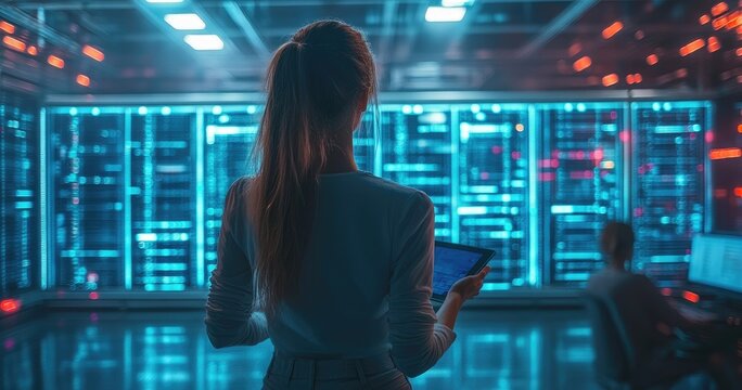 A capable woman holding a tablet in the control room is observing a data center with numerous blue light servers