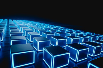 Fototapeta premium 3D-rendered view of rows of glowing blue neon cubes arranged in a dark futuristic space, resembling data storage or server infrastructure.