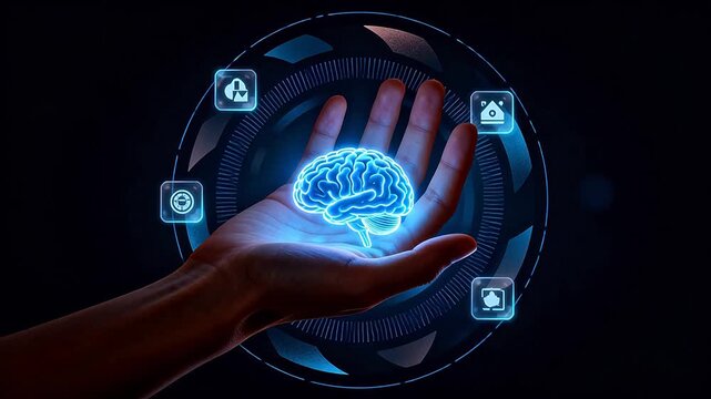 Hand holding glowing brain with icons