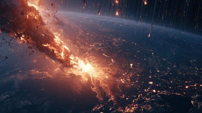 Massive asteroid striking Earth from space, creating a fiery explosion and global catastrophe with debris, shockwaves, and dramatic atmospheric destruction.