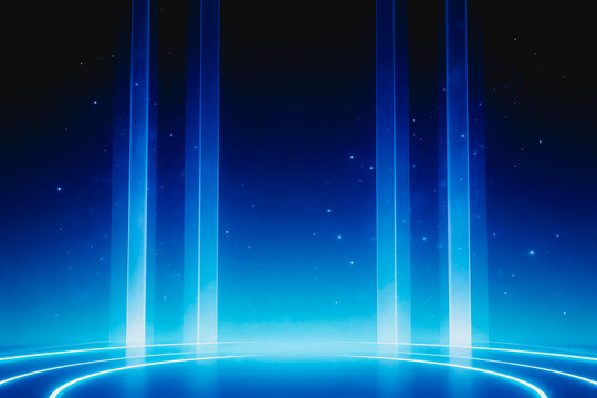 A futuristic stage with glowing blue neon columns and curved light lines set against a dark starry background, creating a modern tech-inspired visual scene.