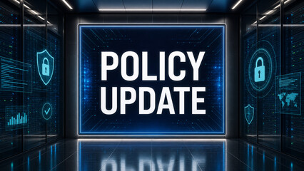 Obraz premium Glowing policy update sign in a futuristic server room with digital locks, security icons, blue tech interface, and compliance concept.