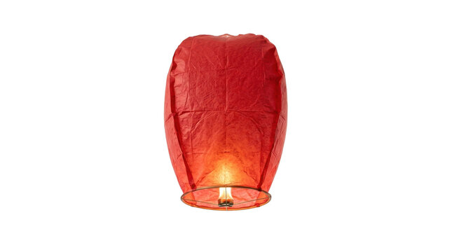A single vibrant red sky lantern with a glowing flame inside, isolated on a clean white background, symbolizing hope and celebration.
