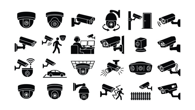 Minimalist CCTV security camera silhouette vector icon collection set