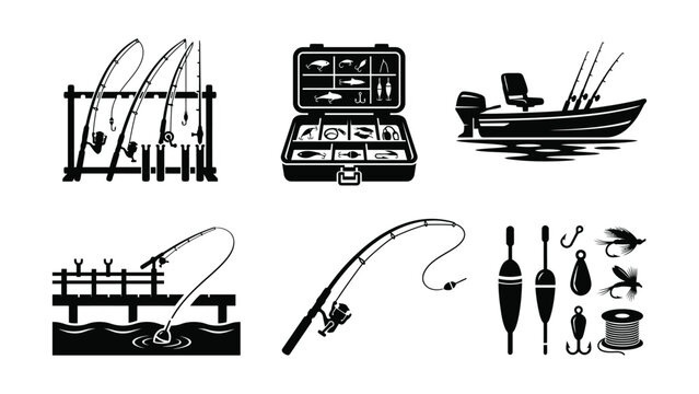 Minimalist fishing equipment and angling activities silhouette vector collection
