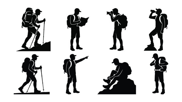 Minimalist hiking people silhouette vector collection with outdoor activities