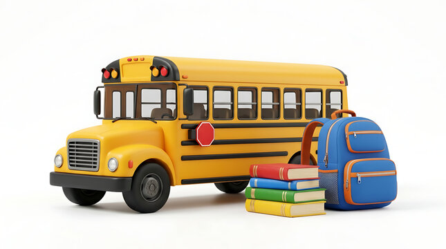 3d illustration of a yellow school bus with a blue backpack and a stack of colorful books