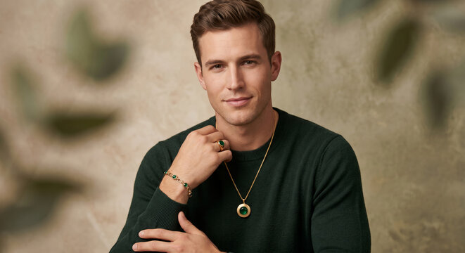 Elegant man modeling luxury gold jewelry with green gemstones wearing a green sweater in a sophisticated fashion portrait
