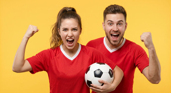 Enthusiastic young couple of soccer fans in red jerseys holding a football and cheering for victory isolated on a bright yellow background