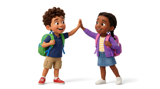 3d illustration of a happy young boy and girl giving a high five, wearing school backpacks