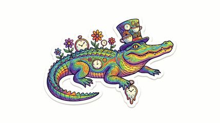 Fototapeta premium Colorful psychedelic crocodile illustration with melting clocks top hat and flowers in a whimsical surreal sticker art style