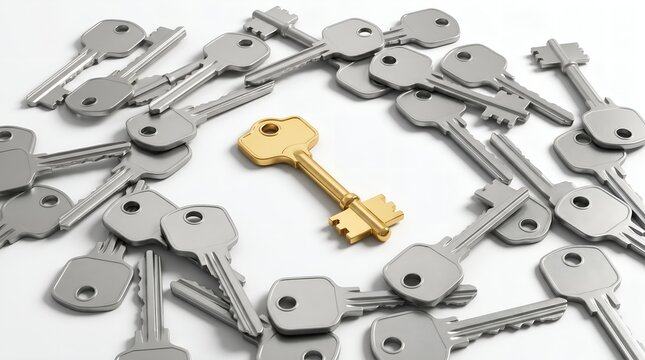 Unique golden key surrounded by many silver keys as a concept for success and answers