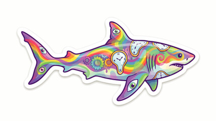 Fototapeta premium Psychedelic Rainbow Shark Sticker with Melting Clocks and Surreal Art Design on White Background