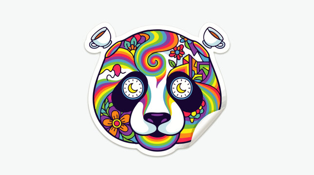 Vibrant psychedelic panda head sticker design with intricate floral patterns and coffee cup ears, perfect for expressive art and decorative projects