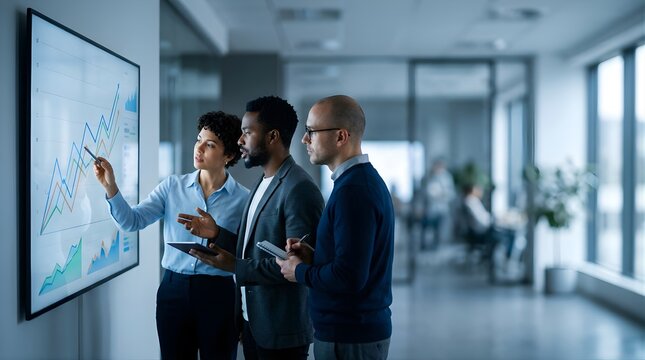 Diverse business team analyzing financial growth charts on a wall screen
