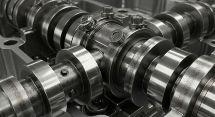 Fototapeta premium Close-up view of a complex automotive engine camshaft assembly with shiny metal components.