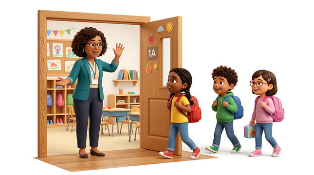 Friendly teacher welcoming students into a classroom
