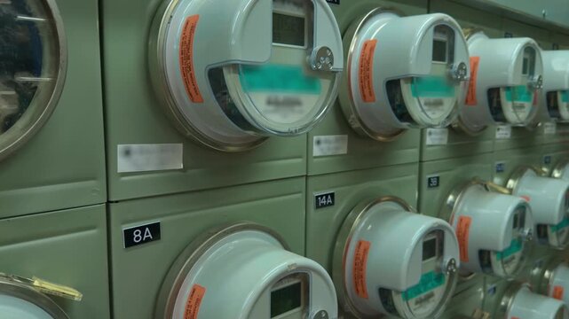 Close-up of Modern Digital Electrical Utility Meters in Meter Bank