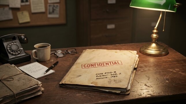 Detective, Archive, Old Confidential File Folder Lying on Detective Desk with Lamp. a worn folder with -Confidential- text under the direct pool of li