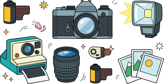 Vintage photography equipment sticker set. Classic slr film camera, retro instant photo camera with blank print, lens, speedlight flash, film canisters and prints.