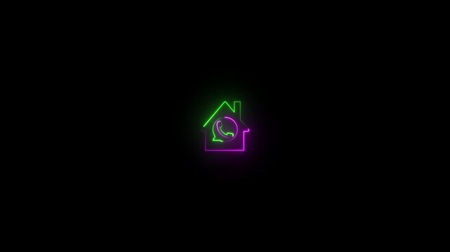 Animated glowing neon house and whatsapp icon on black background.