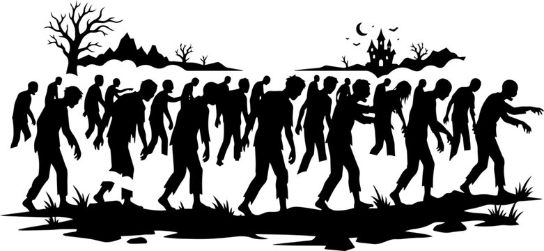 Halloween Zombie Crowd Walking Silhouette Black and White Vector Illustration