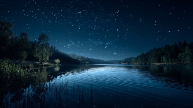 Serene natural lake scene midnight star shining above peaceful ripple quiet calm surrounding tree cast long lowlight into deep blue night sky captured extremely realistic 45 degree low camera angle 8k