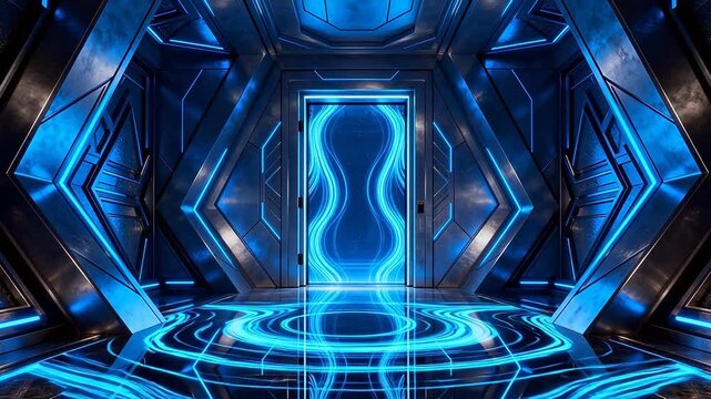 Futuristic corridor with glowing blue patterns