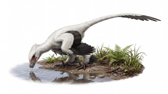 Microraptor zhaoianus drinking water in a natural posture at a water source, showing accurate feathered anatomy and detailed scientific paleontological reconstruction isolated on white background
