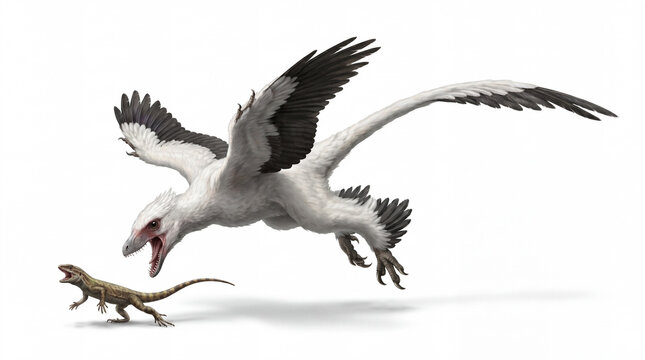 Microraptor zhaoianus capturing a small lizard, showing predatory behavior and accurate feathered anatomy in a detailed scientific paleontological reconstruction isolated on white background