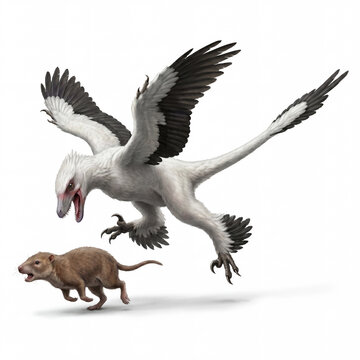 Microraptor zhaoianus hunting a small proto-mammal, showing predatory behavior and accurate feathered anatomy in a detailed scientific paleontological reconstruction isolated on white background