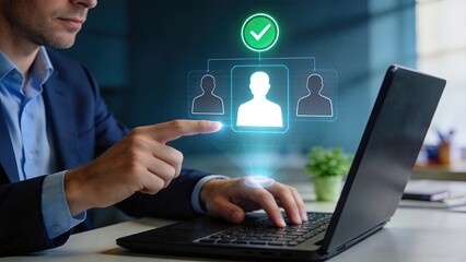 Fototapeta premium Professional selecting verified user profile from holographic interface on laptop representing identity verification access control and secure authentication system for digital