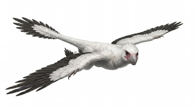 Microraptor zhaoianus gliding in a semi-lateral three-quarter view, showing four-wing configuration and accurate feathered anatomy in a detailed scientific paleontological reconstruction isolated on w