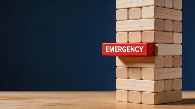 Red wooden block labeled emergency sticking out of a Jenga tower, symbolizing crisis management, risk assessment and urgent business challenges.