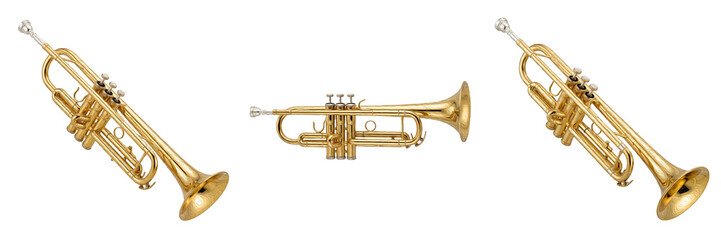 Classical Brass Trumpet Set   Professional Orchestral Wind Instruments Collection   Shiny Golden Jazz Trumpets with Piston Valves Isolated on White Background Asset. © Khanji