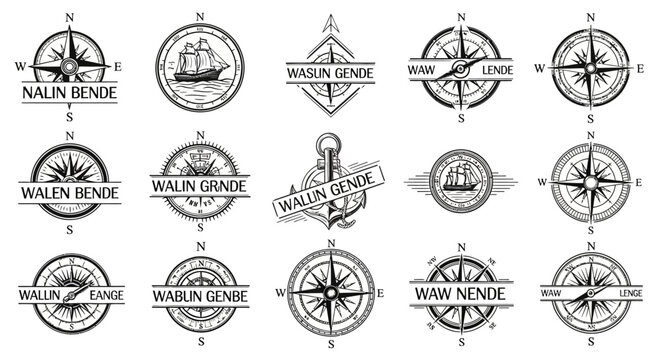 Nautical Compass and Sailing Ship Icons - Vintage Marine Navigation Symbols