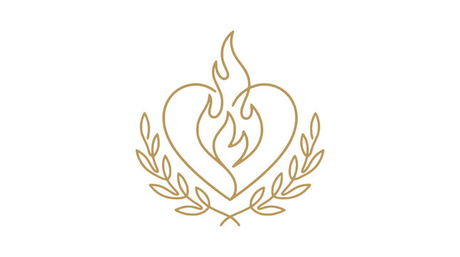 Golden heart with flames and laurel wreath logo symbol, elegant minimalist design