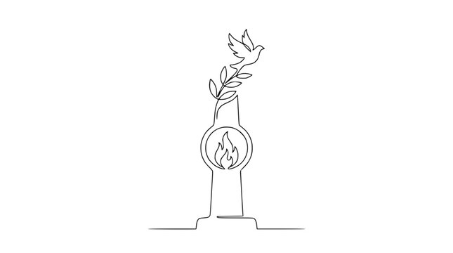 Dove with olive branch above eternal flame monument, single line art