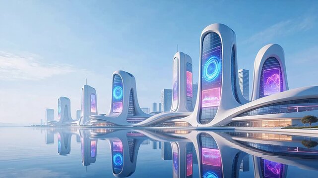 Futuristic cityscape with reflective water