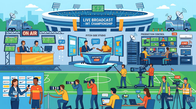 Professional Sports Broadcasting Production Team Working in a Live Stadium Setting with Camera Crews and Media Reporters